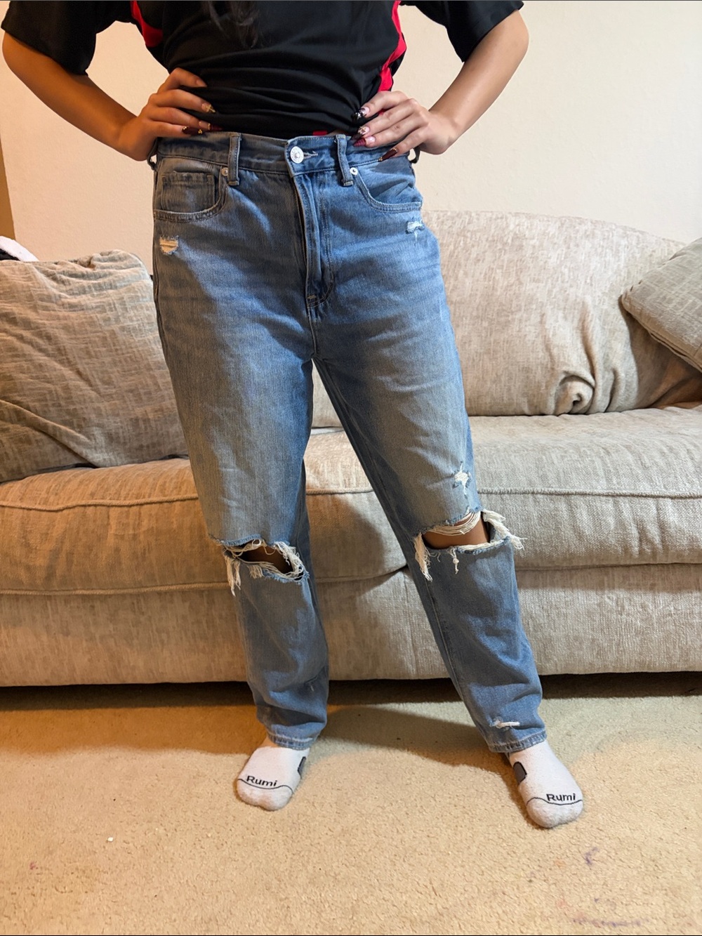 High-Rise Distressed Light Blue Denim Jeans